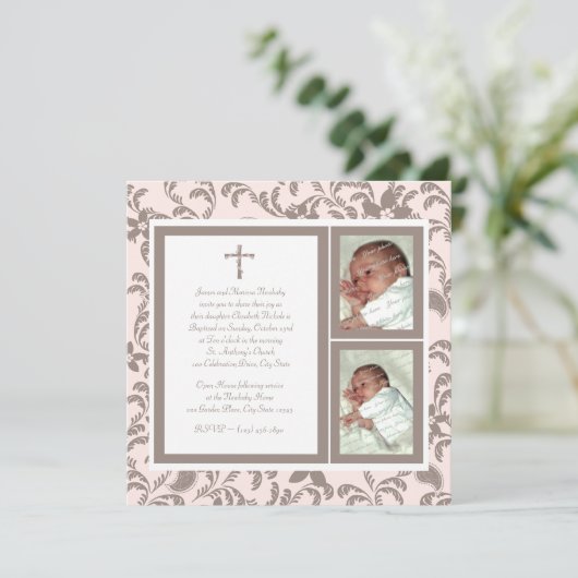 Doopsel Zacht Roze en Bruin Paisley Foto Kaart (Staand voorkant)