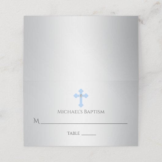 Doopsel Zilveren Blauw Kruis | Jongen Plaatskaartje (Buitenkant ongevouwen)