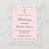 Doopsel zilveren roze meisje kruis uitnodiging (Voorkant)