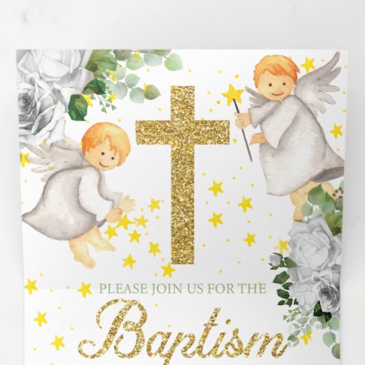 Doopsgezinde engelen genderneutrale drievoudige ui drieluik uitnodiging (Binnenzijde eerst)