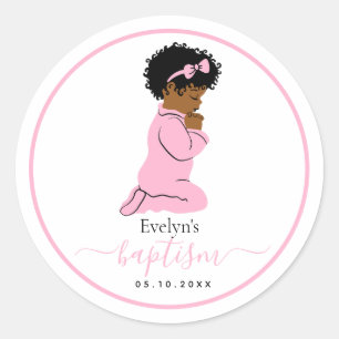 Doopsticker – Zwarte biddende babymeisje Ronde Sticker