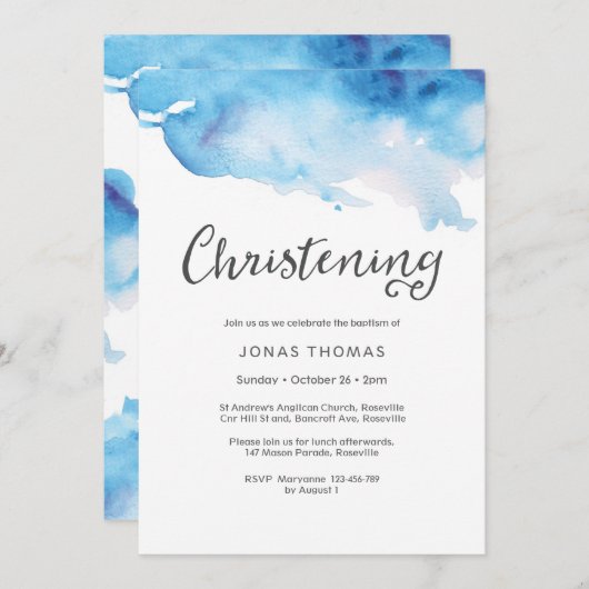 doopuitnodiging | Blauwe waterverf spatten Kaart (Voorkant / Achterkant)