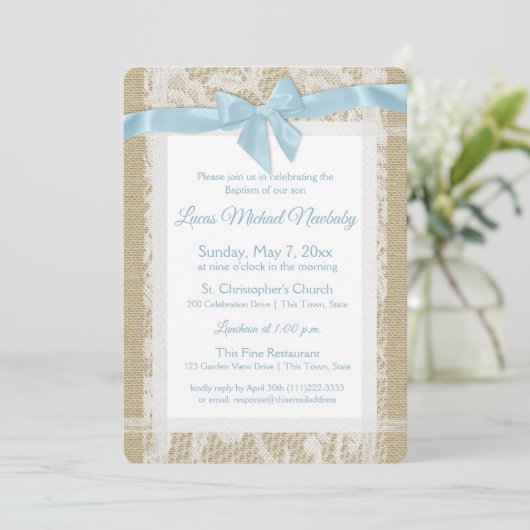 Doopuitnodiging Burlap en kantdoop Kaart (Staand voorkant)