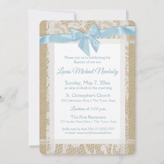 Doopuitnodiging Burlap en kantdoop Kaart (Voorkant)