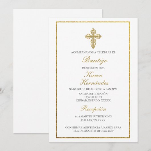 Doopuitnodiging meisje met gouden lijst kaart (Voorkant / Achterkant)