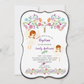 Doopuitnodiging met engel en volkse bloemen kaart (Voorkant)