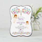 Doopuitnodiging met engel en volkse bloemen kaart (Staand voorkant)
