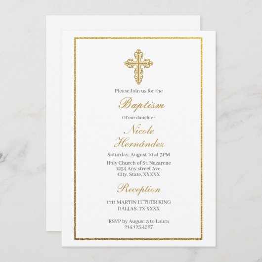 Doopuitnodiging met gouden lijst kaart (Voorkant / Achterkant)