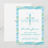 Doopuitnodiging met Waterverf Cross - Jongen Kaart (Voorkant / Achterkant)