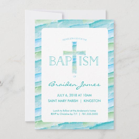 Doopuitnodiging met Waterverf Cross - Jongen Kaart (Voorkant)