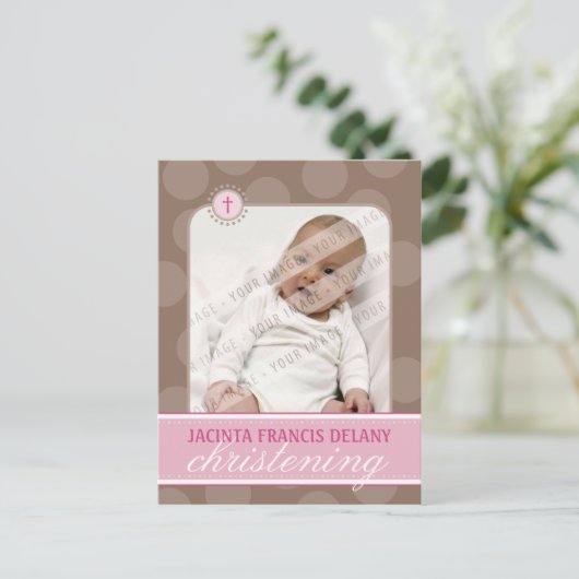 DOOPUITNODIGING:: polka dot - roze Uitnodiging Briefkaart (Staand voorkant)