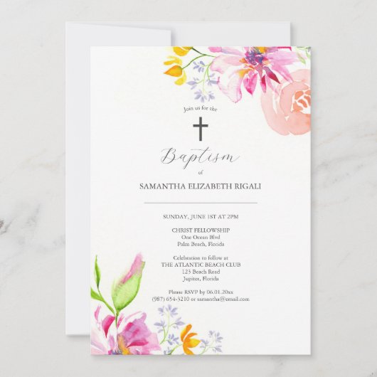 Doopuitnodiging Roze Waterverf Bloemen Kaart (Voorkant)