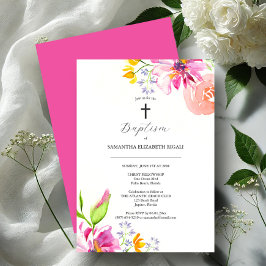 Doopuitnodiging Roze Waterverf Bloemen Kaart