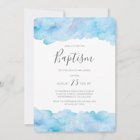 Doopuitnodiging Zout zee blauw aquarel Kaart (Voorkant)