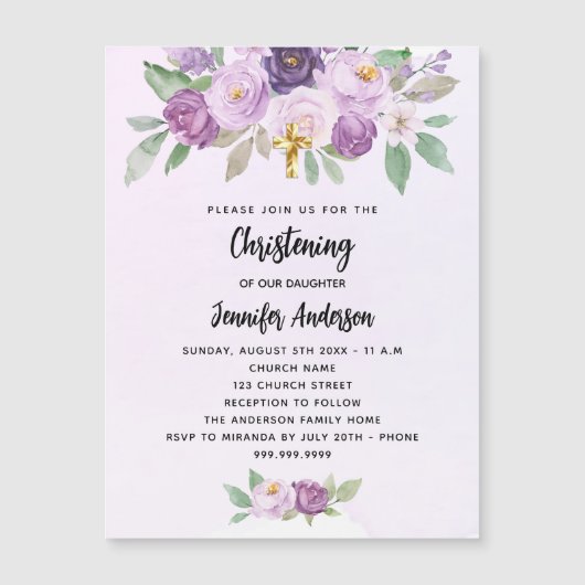 Doopviolette bloemen groen cross luxe magnetische uitnodiging (Voorkant)
