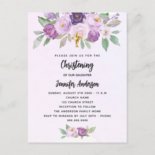 Doopviolette bloemen groen kruis uitnodiging briefkaart (Voorkant)