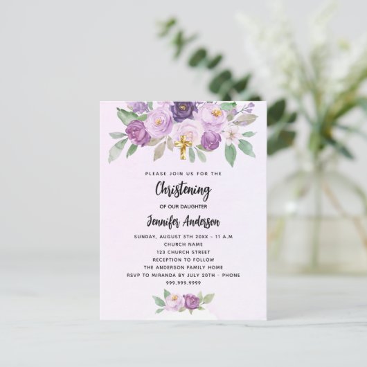 Doopviolette bloemen groen kruis uitnodiging briefkaart (Staand voorkant)