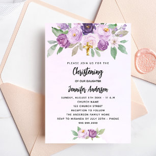 Doopviolette bloemen groen kruis uitnodiging briefkaart