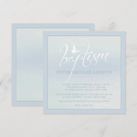 Doopwoord met duif blauwe uitnodiging (Voorkant / Achterkant)