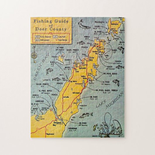 "Door County Fishing Map 11x14 Jigsaw Puzzle Legpuzzel (Verticaal)