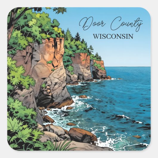 Door County Illustration | The Bluffs and Lake Vierkante Sticker (Voorkant)
