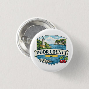 Door County, WI Vuurtoren en Lake MichiganMagneet Ronde Button 3,2 Cm