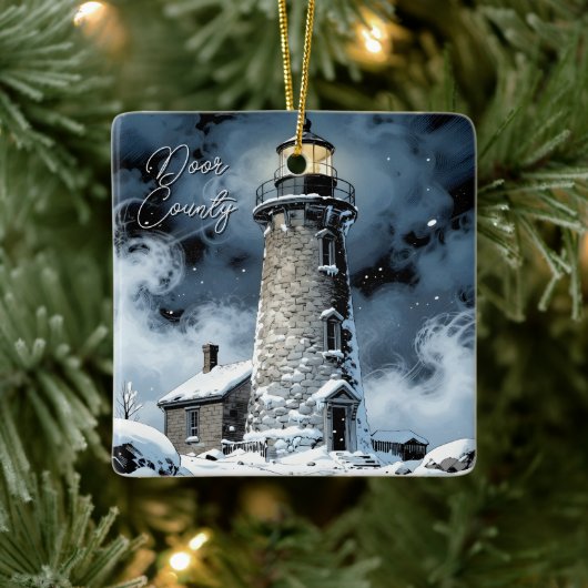 Door County, Wisconsin Lighthouse in Winter Keramisch Ornament (Boom)