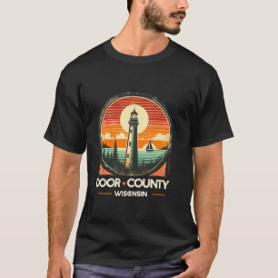 Door County Wisconsin Retro Sunset Vuurtoren Zeile T-shirt