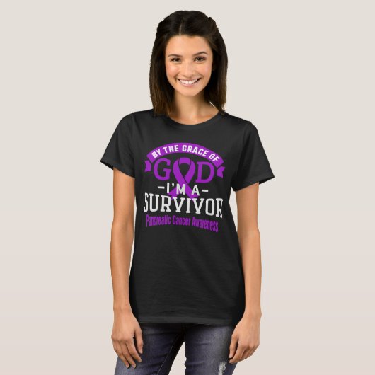 Door de genade van God Pancreatic Cancer Survivor T-shirt (Voorkant volledig)