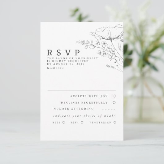 Door de hand getekende wilde bloemen Wedding RSVP (Staand voorkant)