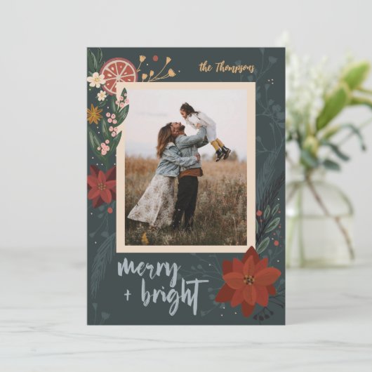 Door de hand getekende winterflora en Sinaasappels Feestdagenkaart (Staand voorkant)