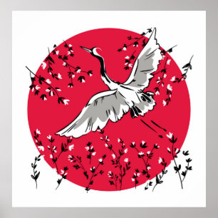 Door de hand getrokken kraanvogel, Grafische teken Poster