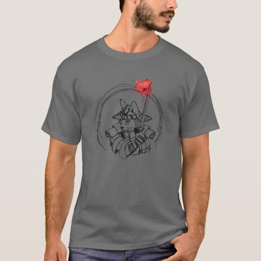 Door de hand getrokken Samurai-kat met bloedSplett T-shirt (Voorkant)