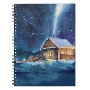 Door de hand getrokken waterverf winterlandschap notitieboek