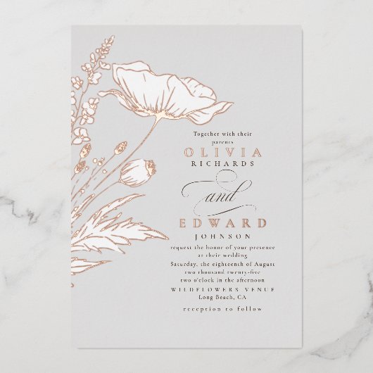 Door de hand getrokken wilde bloemen Elegant Light Folie Uitnodiging (Voorkant)