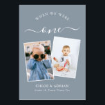 Door de jaren heen Koppel Foto Wedding Modern Tabl Kaart<br><div class="desc">Let op en heb wat plezier met je trouwreceptietabelnummers - Deze elegante eenvoudige tabelnummers geven je de mogelijkheid om een foto van de bruid en bruidegom op dezelfde leeftijd op te nemen als het tabelnummer, de bruid- en groomnaam/s en de datum van hun bruiloft. De achtergrondkleur is stoffig blauw met...</div>