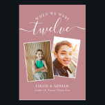 Door de jaren heen Koppel Foto Wedding Modern Tabl Kaart<br><div class="desc">Let op en heb wat plezier met je trouwreceptietabelnummers - Deze elegante eenvoudige tabelnummers geven je de mogelijkheid om een foto van de bruid en bruidegom op dezelfde leeftijd op te nemen als het tabelnummer, de bruid- en groomnaam/s en de datum van hun bruiloft. De achtergrondkleur is stoffige roze met...</div>