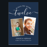 Door de jaren heen Koppel Foto Wedding Modern Tabl Kaart<br><div class="desc">Let op en heb wat plezier met je trouwreceptietabelnummers - Deze elegante eenvoudige tabelnummers geven je de mogelijkheid om een foto van de bruid en bruidegom op dezelfde leeftijd op te nemen als het tabelnummer, de bruid- en groomnaam/s en de datum van hun bruiloft. De achtergrondkleur is blauw van de...</div>