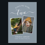 Door de jaren heen koppelen Paar Foto Wedding Mode Kaart<br><div class="desc">Let op en heb wat plezier met je trouwreceptietabelnummers - Deze elegante eenvoudige tabelnummers geven je de mogelijkheid om een foto van de bruid en bruidegom op dezelfde leeftijd op te nemen als het tabelnummer, de bruid- en groomnaam/s en de datum van hun bruiloft. De achtergrondkleur is stoffig blauw met...</div>