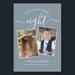 Door de jaren heen koppelen Paar Foto Wedding Mode Kaart<br><div class="desc">Let op en heb wat plezier met je trouwreceptietabelnummers - Deze elegante eenvoudige tabelnummers geven je de mogelijkheid om een foto van de bruid en bruidegom op dezelfde leeftijd op te nemen als het tabelnummer, de bruid- en groomnaam/s en de datum van hun bruiloft. De achtergrondkleur is stoffig blauw met...</div>