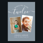 Door de jaren heen koppelen Paar Foto Wedding Mode Kaart<br><div class="desc">Let op en heb wat plezier met je trouwreceptietabelnummers - Deze elegante eenvoudige tabelnummers geven je de mogelijkheid om een foto van de bruid en bruidegom op dezelfde leeftijd op te nemen als het tabelnummer, de bruid- en groomnaam/s en de datum van hun bruiloft. De achtergrondkleur is stoffig blauw met...</div>