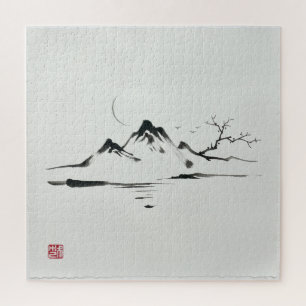 "Door de maan verlichte bergen: Sumi-e landschap" Legpuzzel