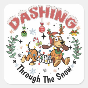 Door de Sneeuw Hollen Grappige Dachshund Hond Kers Vierkante Sticker