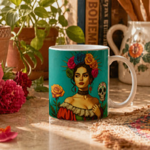 Door Frida geïnspireerde bloemschilderkunst portre Koffiemok
