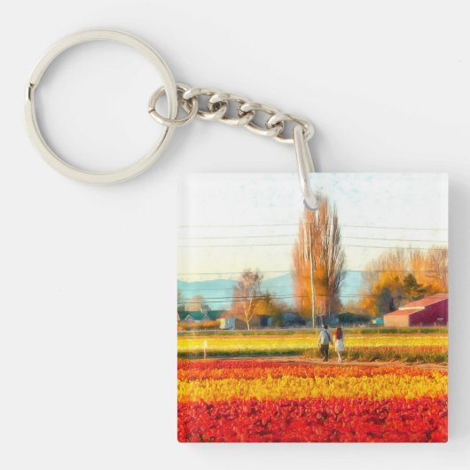 Door gouden en rode Tulpvelden rollen Sleutelhanger (Voorkant)