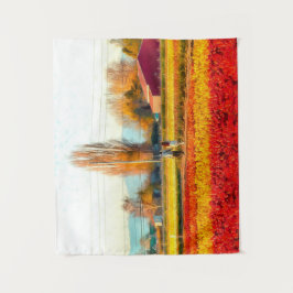 Door gouden en rode Tulpvelden rollen Wandkleed