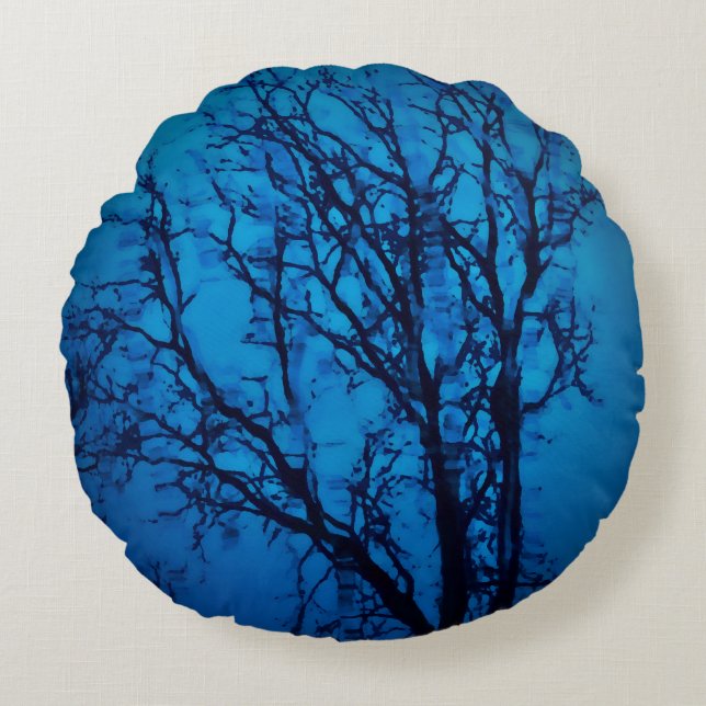 Door het glas, huilende boomblauwe Abstracte kunst Rond Kussen (Voorkant)