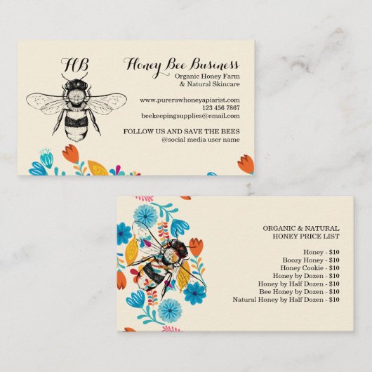 Door honingbijen getrokken prijslijst met prijsoph visitekaartje (Voorkant / Achterkant)