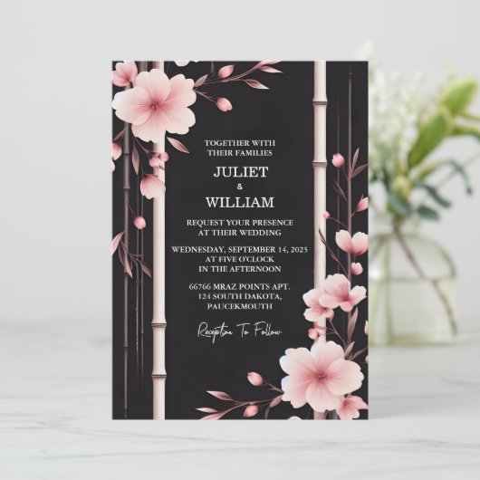 Door Hout Bamboe Roze Sakura Kersenbloesem Bruilof Kaart (Staand voorkant)