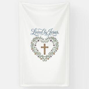 Door Jezus geliefde bloemenkruis christelijk T-shi Spandoek